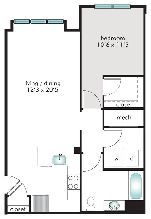 Floor plan for 1 bed, 1 bath, 761 sqft